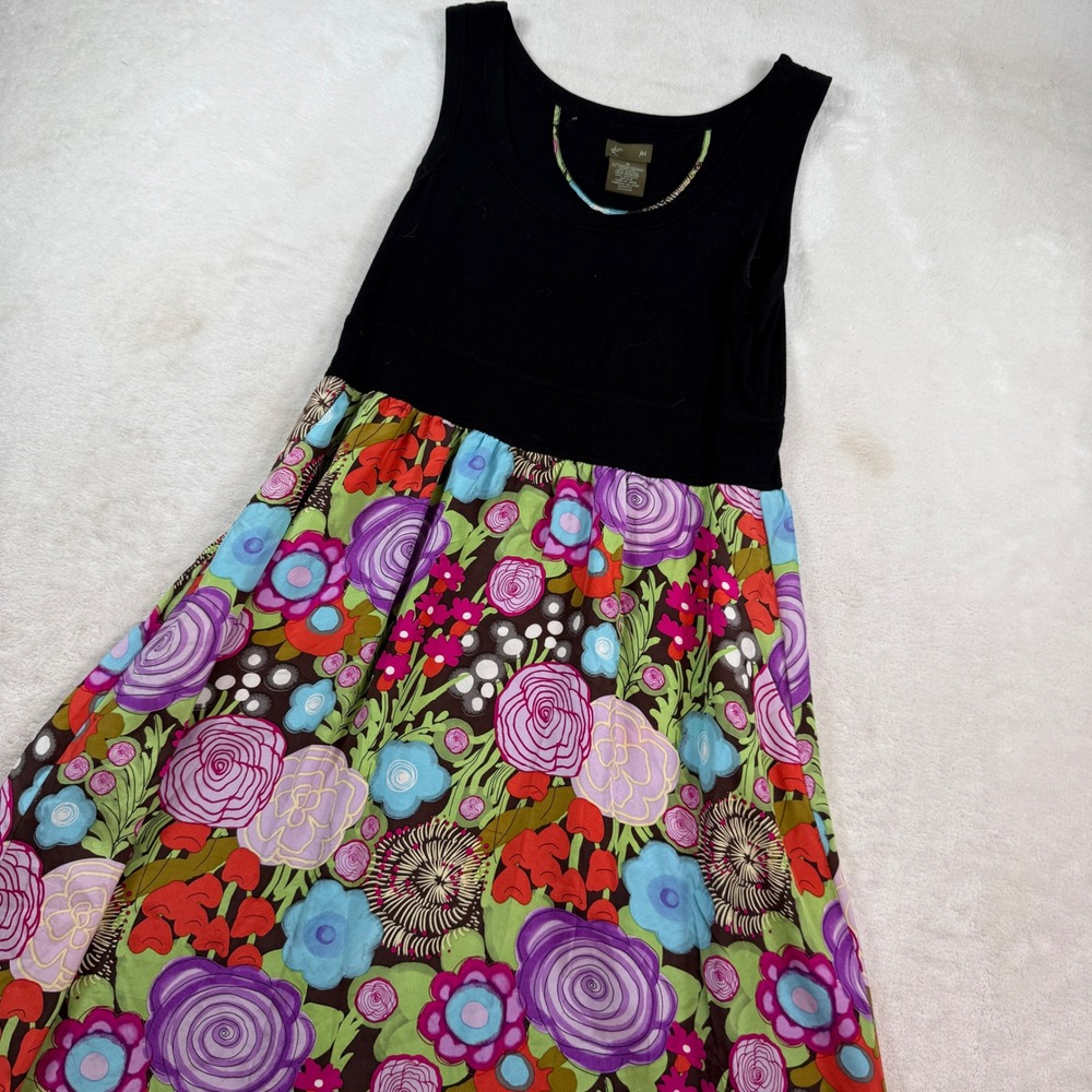 Fei Anthropologie Floral Silk Skirt Knit Bodice Dress Black Multi Color Medium